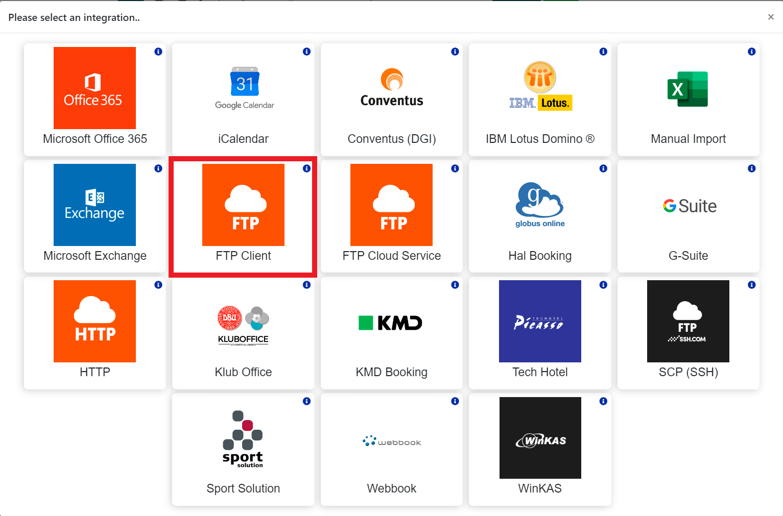 Integration selection window in Q-Cal with various service options such as Office 365, Google Calendar, Microsoft Exchange, and KMD Booking.