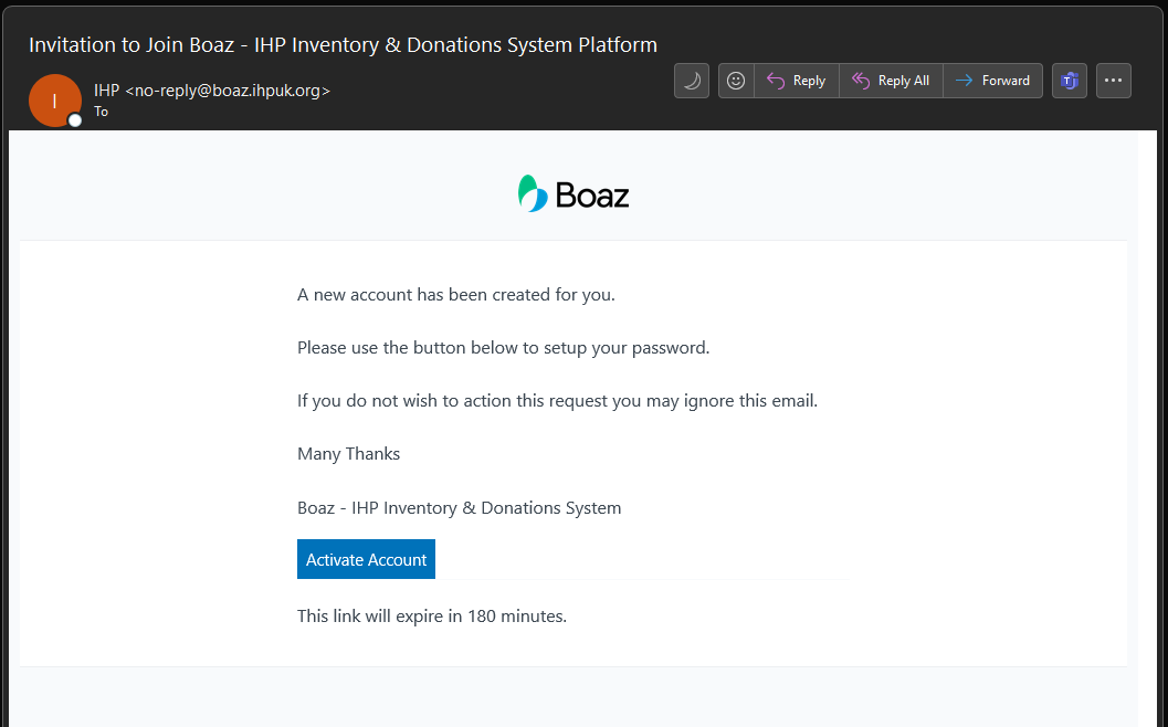 A preview of an email invite to setup your Boaz user account
