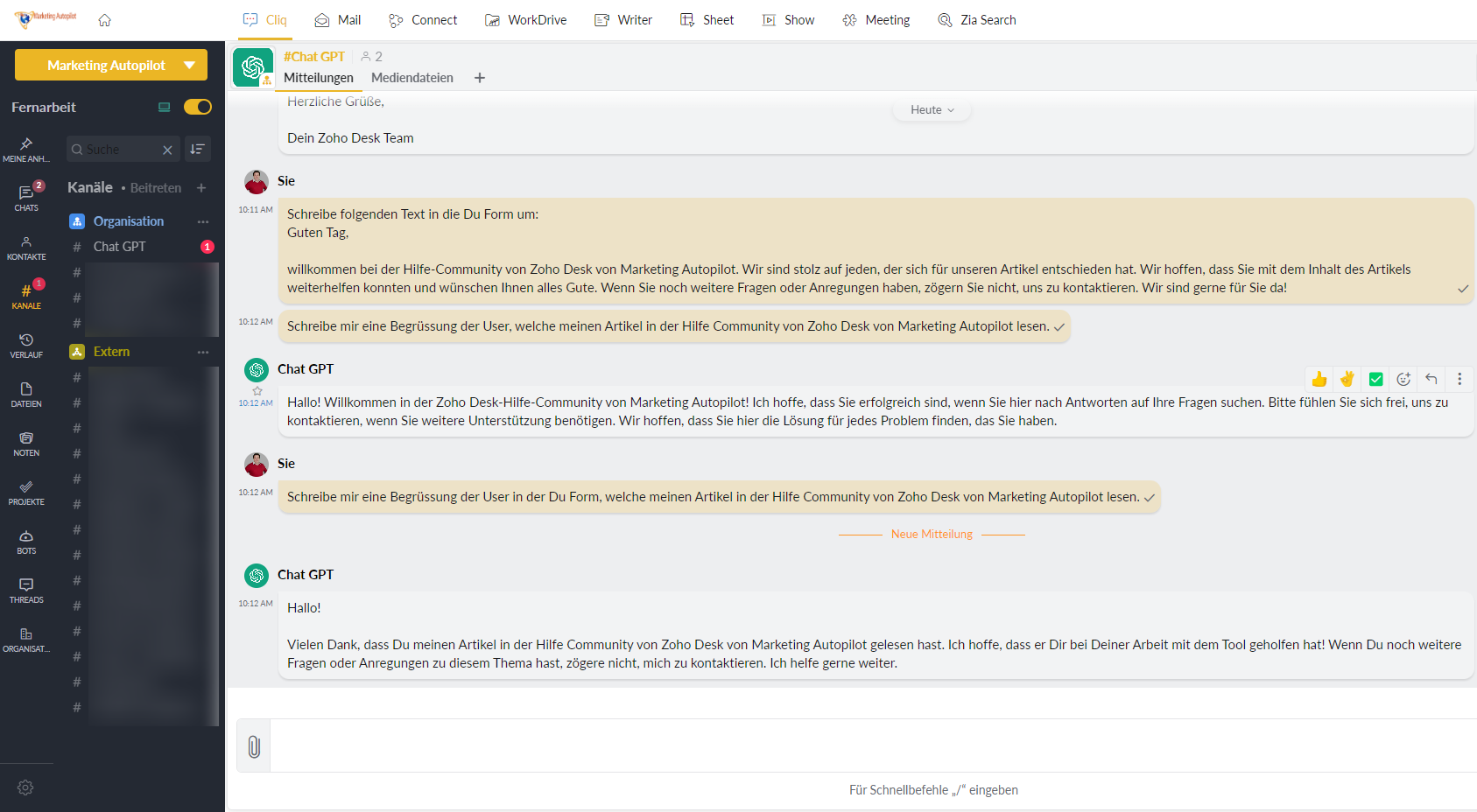 Beispiel von ChatGPT integriert in Zoho Cliq