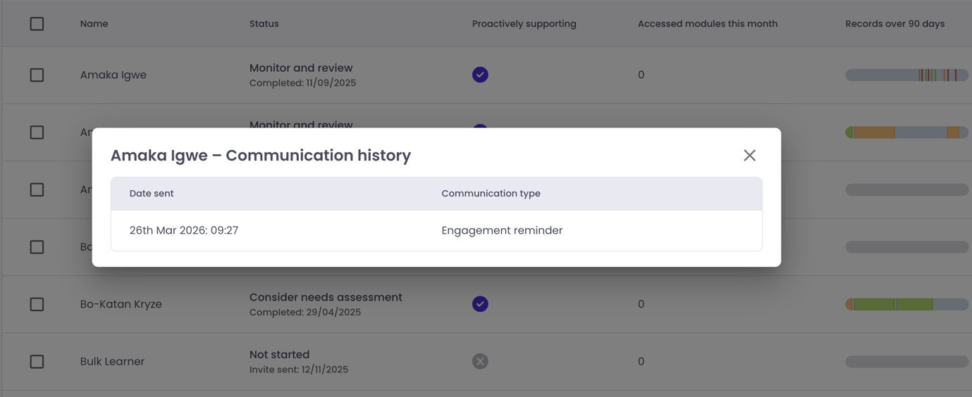 Communication history modal showing date sent and communication type