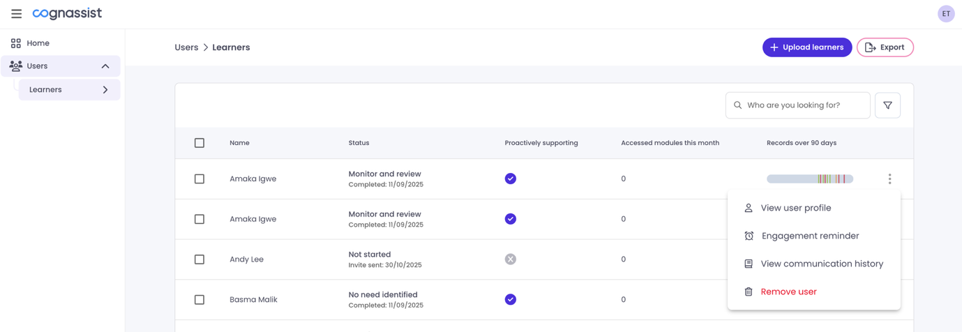 Learners list showing the three-dot menu open with View communication history option