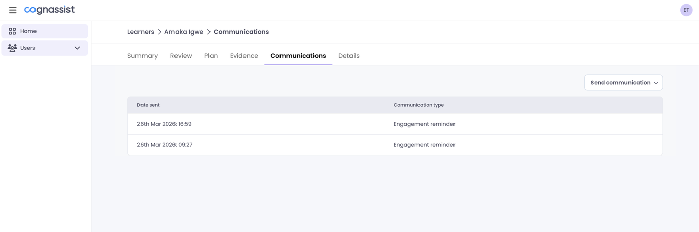Communications tab inside a learner profile showing the history table