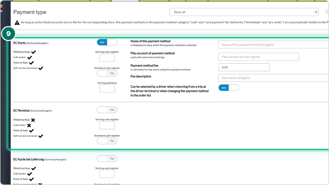 Check that the payment types you want to offer are active.