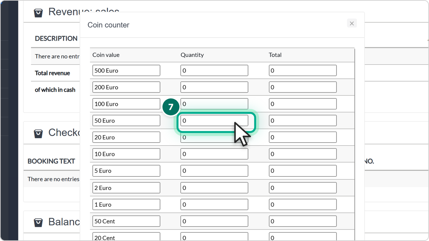 Under Closing balance, use the Coin counter to record the float that stays in the till.