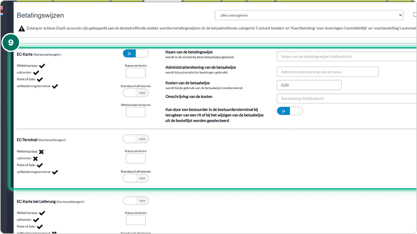 Controleer of de gewenste betalingswijzen actief zijn.