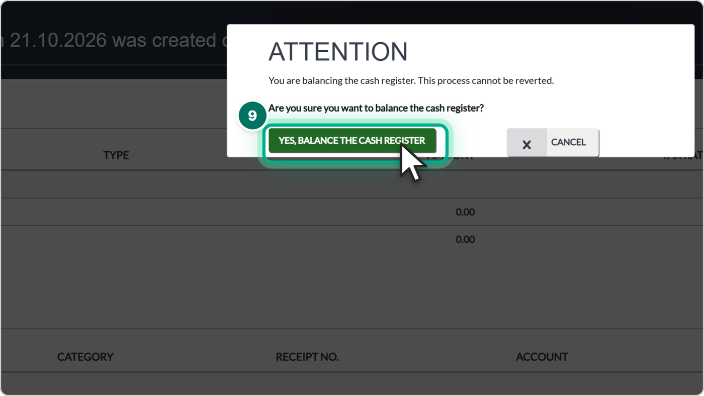 Click Balance the cash register and confirm.