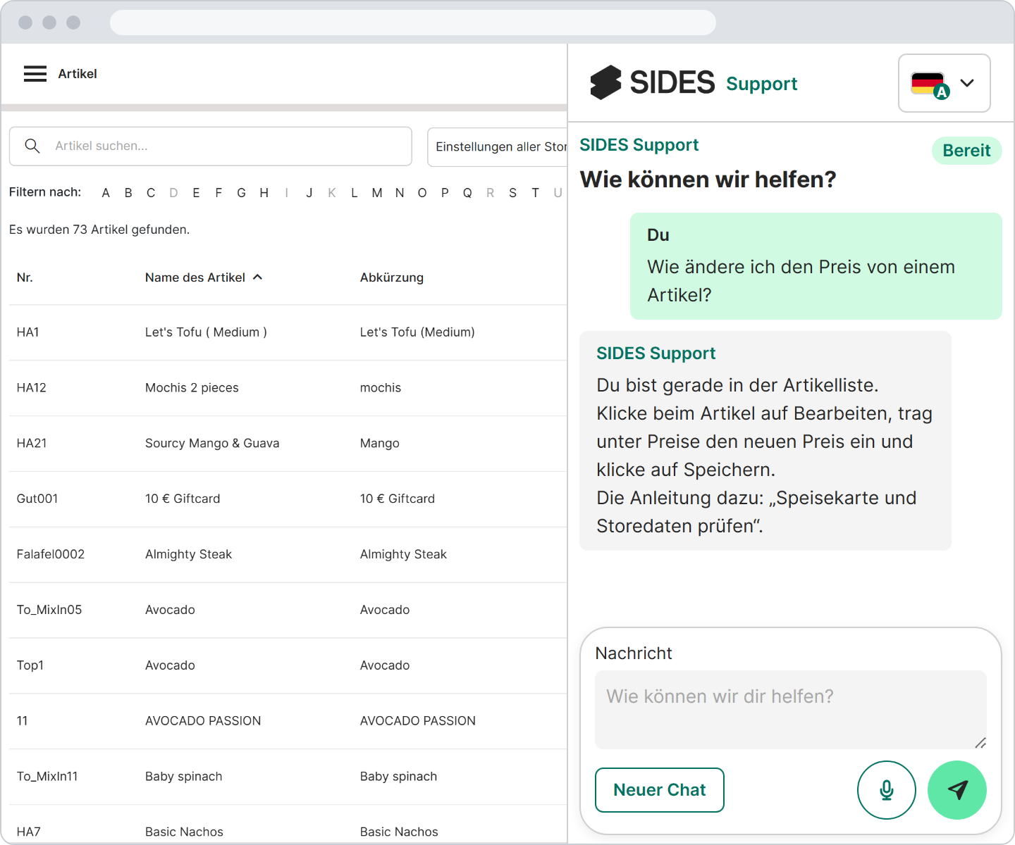 Der Admin-Bereich mit der Artikelliste, rechts daneben die Seitenleiste SIDES Support mit einer Frage zum Preis eines Artikels und der Antwort von Sid