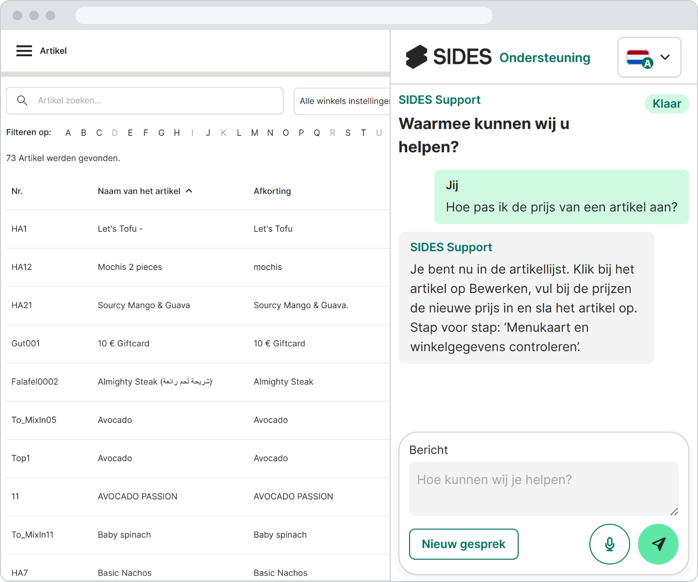 De beheeromgeving met de artikellijst, rechts daarnaast het zijpaneel SIDES Support met een vraag over de prijs van een artikel en het antwoord van Sid
