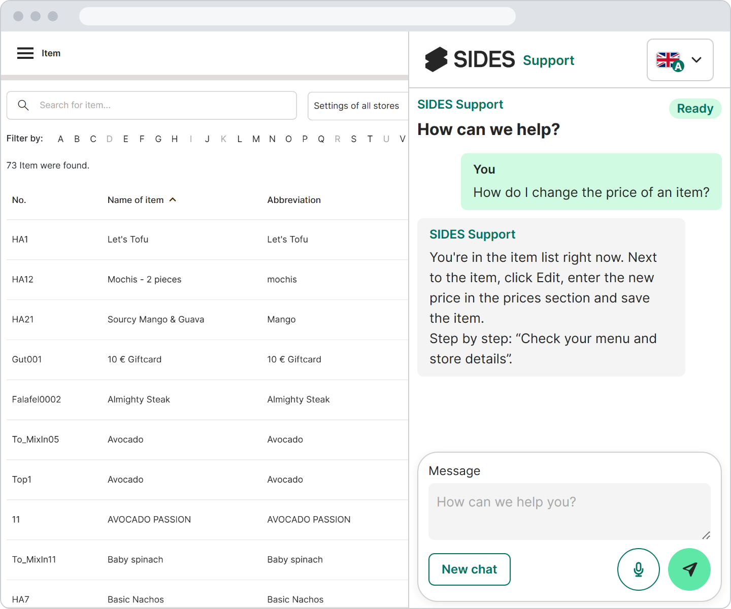 The admin area with the item list and, to its right, the SIDES Support side panel with a question about the price of an item and Sid's answer